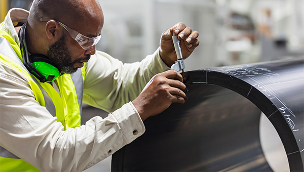 Engineer wearing glasses and a safety vest working on materials in a manufacturing warehouse