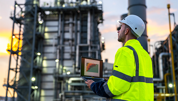Employee at a power plant wearing a bright green safety jacket while holding a laptop