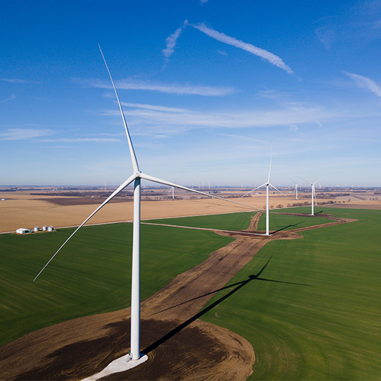 Wind turbine farm with green grass and blue sky
