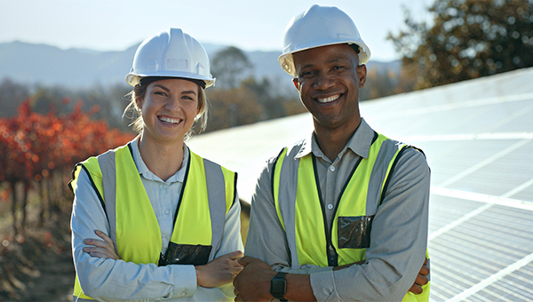 Utility workers with solar panels