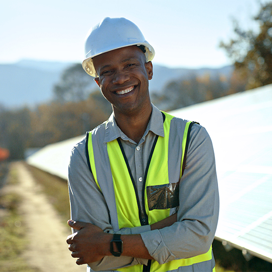 Utility worker with solar panels