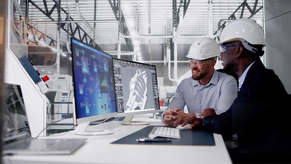 Men in hard hats looking at data on computer screens