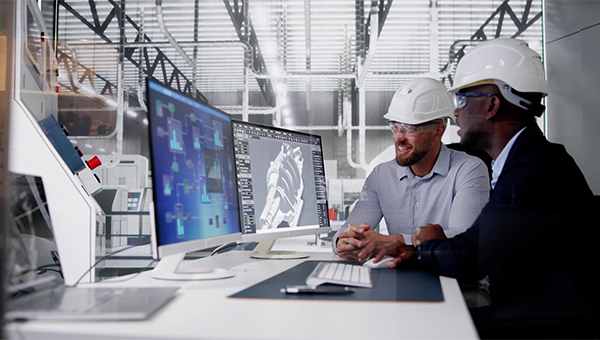 Men in hard hats looking at data on computer screens Men in hard hats looking at data on computer screens