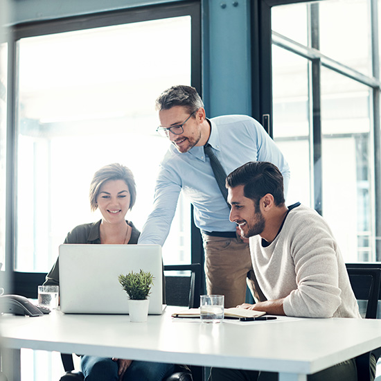Business people reviewing sustainability planning on laptop Business people reviewing sustainability planning on laptop