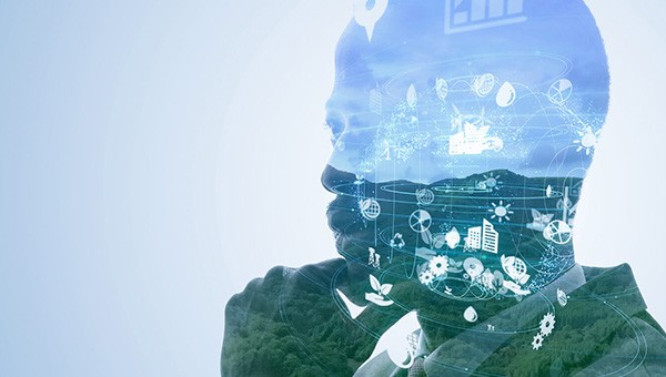 Mosaic of a man thinking with sustainability images overlays